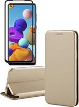 Hoesje geschikt voor Samsung Galaxy A21s - Screen Protector FullGuard - Book Case Leer ThinShield Goud & Screenprotector