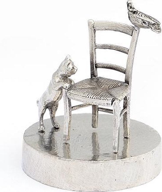Poes met stoel en vogel Zilvertin - Katten Asbeeld Dieren Urn Voor Uw Geliefde Dier