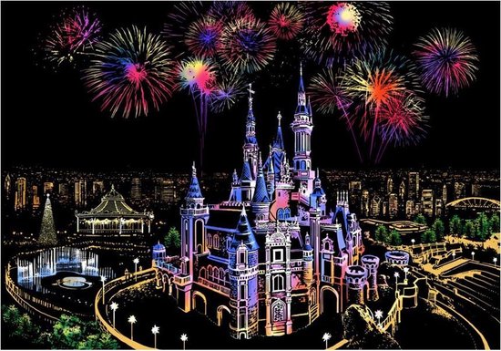 Foto: Kras tekening groot k 41x28cm dream castle krastekening vuurwerk droom kasteel krastekeningen pakket scratch art painting kraskaarten krasfolie