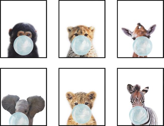 Postercity - Design Canvas Poster Jungle Set Baby Aapje, Zebra, Giraffe, Olifant, Cheeta en Tijger Blauwe Kauwgom / Kinderkamer / Dieren Poster / Babykamer - Kinderposter / Babyshower Cadeau / Muurdecoratie / 30 x 21cm / A4