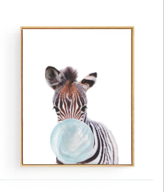 Postercity - Design Canvas Poster Baby  Zebra  Blauwe Kauwgom / Kinderkamer / Dieren Poster / Babykamer - Kinderposter / Babyshower Cadeau / Muurdecoratie / 40 x 30cm / A3