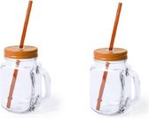 2x stuks Glazen Mason Jar drinkbekers oranje dop en rietje 500 ml - afsluitbaar/niet lekken/fruit shakes