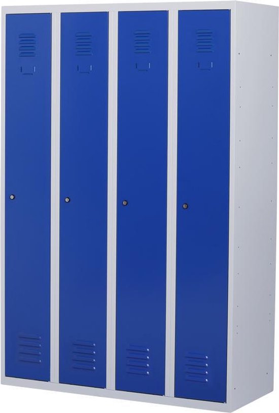 Lockerkast metaal met slot | Stalen lockerkast | Locker 4 deurs 4 delig | Grijs/blauw| 180x120x50 cm | LKP-1004