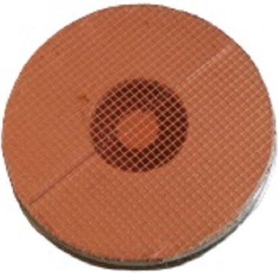 Ronde, bruine plakstrip voor een magnetische deurstopper, met een ruitpatroon in het midden.