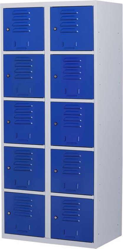Lockerkast metaal met slot - 10 deurs 2 delig - Grijs/blauw - 180x80x50 cm - LKP-1064