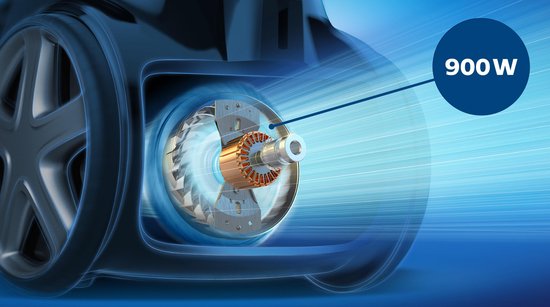 Gedetailleerde weergave van de 900W motor van een stofzuiger.