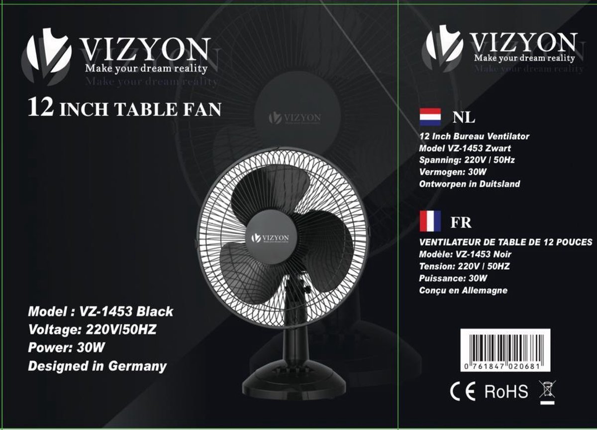 Vizyon | Vz-1453 Tafelventilator | 30 cm Diameter | 3-Snelheden | Zwart | (30 W) | ventilator