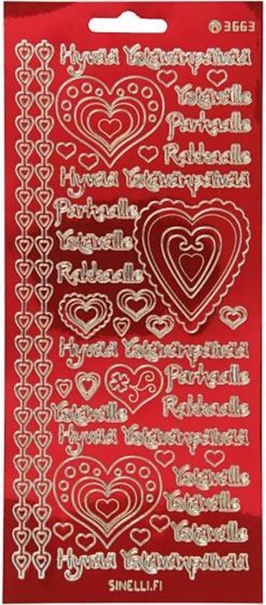 Stickers vel 10x23 cm goud transparant rood Hyvaa Ystävänpäivää 1vel