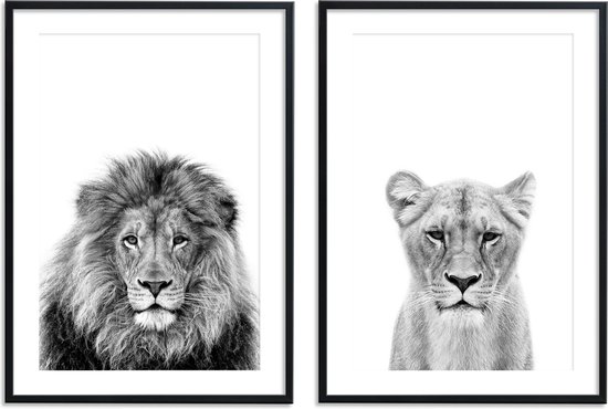 Affiches Zwart et blanc - Affiches Animaux - 2 pièces 30x40 cm - Lion & lionne - Décoration murale - Décoration chambre