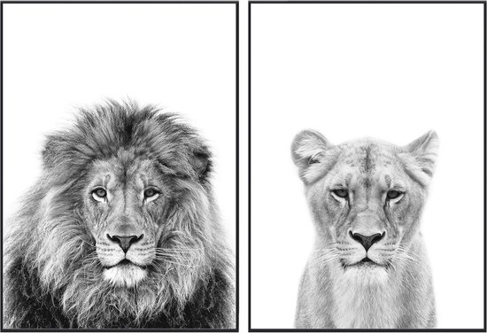 Zwart/wit dieren posters - 2 stuks - 30x40 cm -  Leeuw & leeuwin