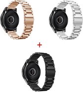 Smartwatch bandje - 3 pack - Geschikt voor Samsung Galaxy Watch 3 41mm, Active 2, 20mm horlogebandje - RVS metaal - Fungus - Schakel - Zilver Zwart Rosegoud