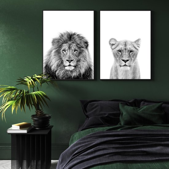 Affiches Zwart et blanc - Affiches Animaux - 2 pièces 30x40 cm - Lion & lionne - Décoration murale - Décoration chambre