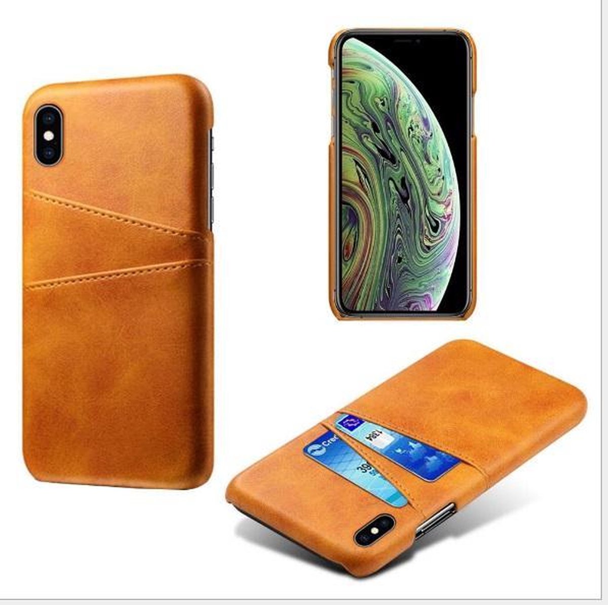 Back Cover met Opbergvakjes + Gehard Glas Screenprotector voor iPhone X/XS _ Bruin