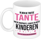 Ik ben de trotse tante van de grappigste, leukste en beste kinderen koffiemok / theebeker - wit - 300 ml - roze en zwarte letters - verjaardag - cadeau / bedankje voor tante