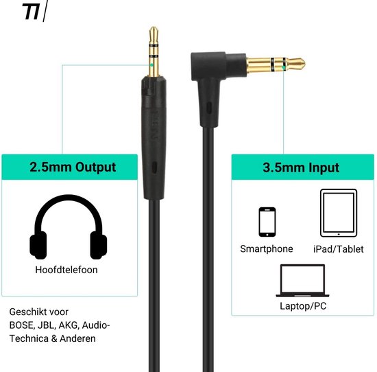 TIKKENS® Audio Kabel - 2.5mm Jack naar 3.5mm Jack - Zwart - 1.35m - Aux -  Microfoon -... | bol.com
