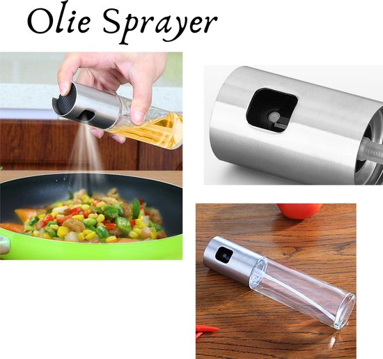 Glazen oliespray met metalen spuitkop, spuitend over groenten in een pan.