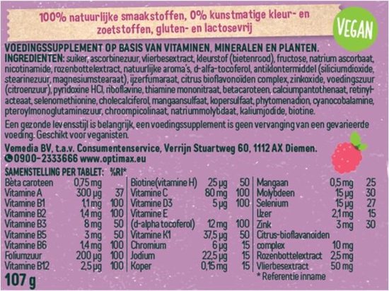 Optimax Multivitaminen Kids Extra Framboos - Voedingssupplement - 90 kauwtabletten