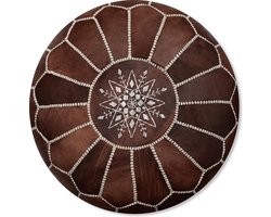 Leren Poef - Hout bruin - Handgemaakt en stijlvol - Gevuld geleverd - Poufs&Pillows