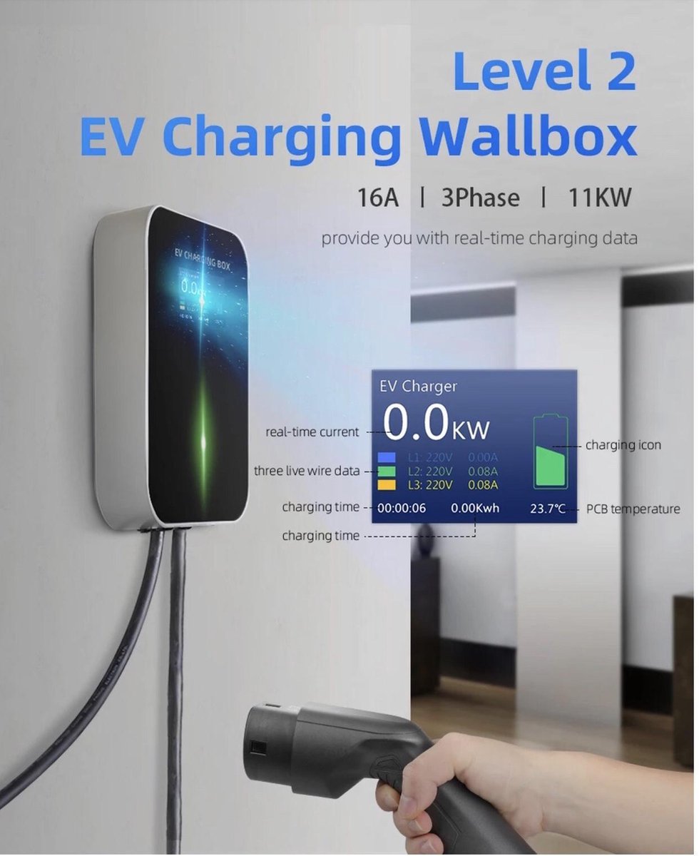 Laadpaal EV Charger Wallbox 11kw 16A 3fase Type 2 Stekker