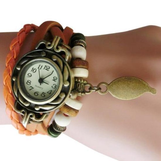 Lederen Quartz Horloge | Retro Armband | Oranje