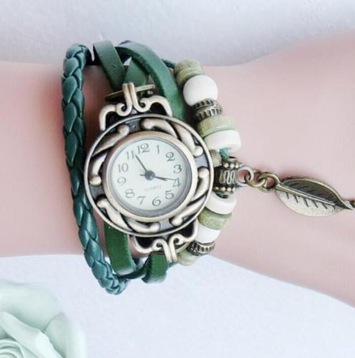Lederen Quartz Horloge | Retro Armband | Groen