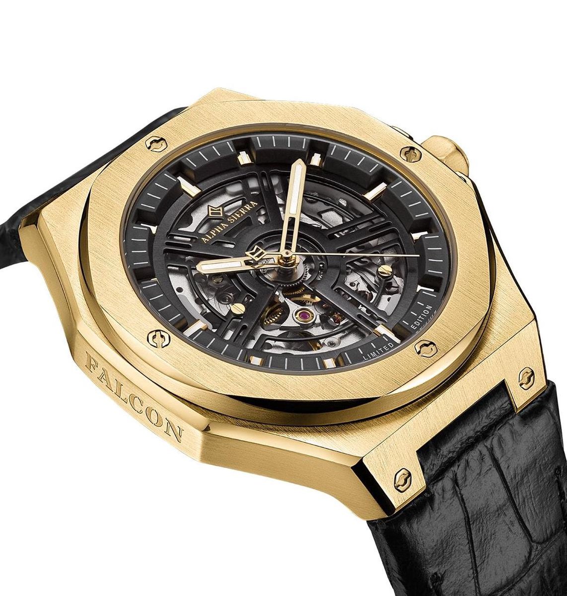Alpha Sierra Falcon LVD188G - Goudkleurig / Zwart - Leren band -  Herenhorloge - Ø 45 mm | bol.com