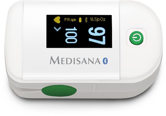 Een witte medisana saturatiemeter met een groen display. SpO2 97% en PRbpm 100 weergegeven. Groene puls-knop.