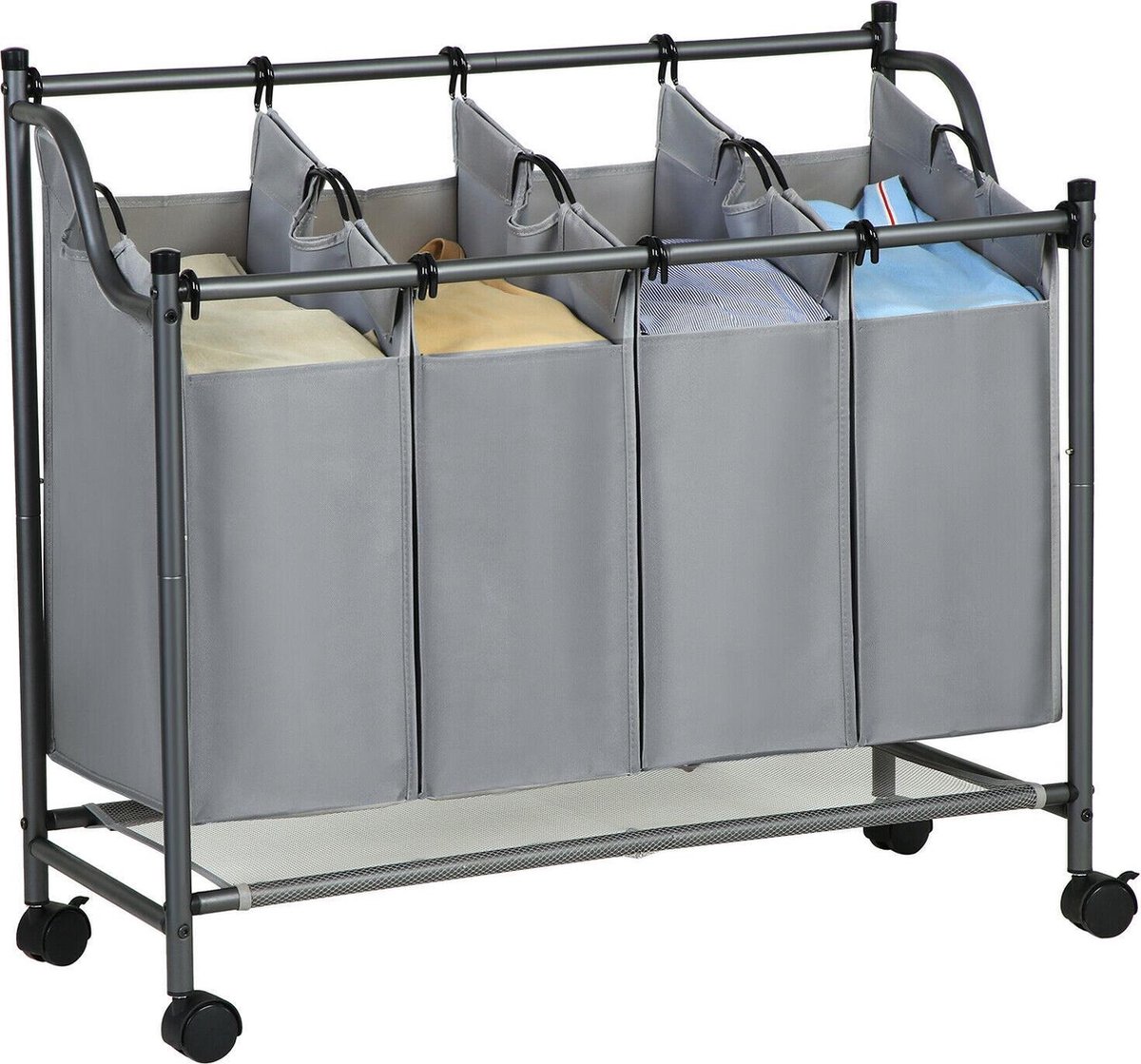 Goedkoopste ACAZA Stevige Wassorteerder - Wasmand op Wieltjes met 4 Uitneembare Vakken - 140L - Grijs