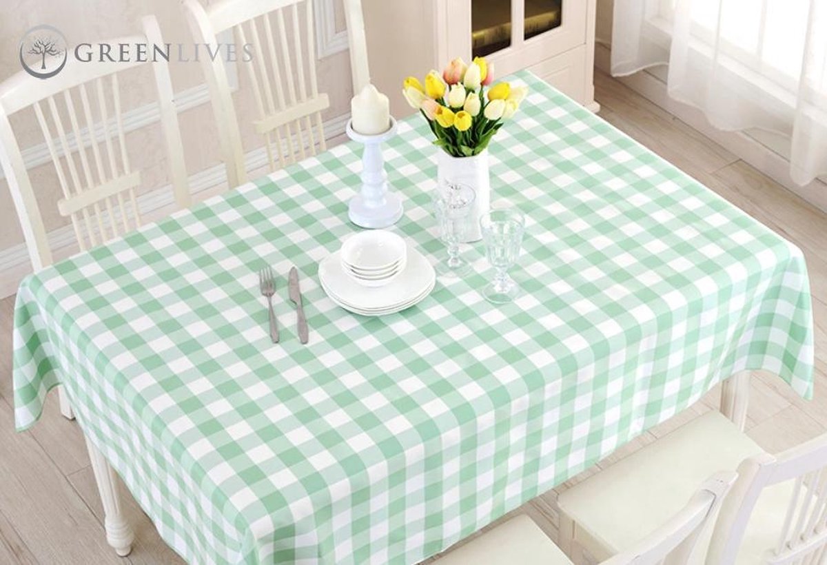 GreenLives - Luxe Tafelkleed Ruitje - 180 x 120 cm - Mint Groen - 100% Polyester - Boerenbont tafelkleed - Water afstotend - Voor binnen en buiten!