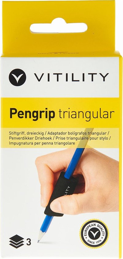 Verpakking van 'VITILITY Pengrip triangular' met schets van hand.