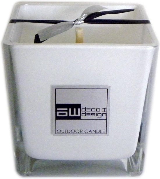 Deco & Design Outdoor Candle - Buitenkaars in glaspot - Luxueuze tuinkaars - wit - vierkant 12x12cm - 30 branduren