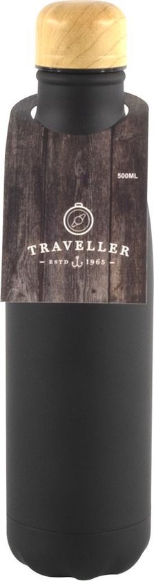 Zwarte RVS Traveller Thermosfles / Isoleerfles. Bamboe- Look Dop - 500 ml - Dubbelwandige Thermoskan - Warmhoudkannen - Koffie/thee To Go. Meenemen en Warm Houden