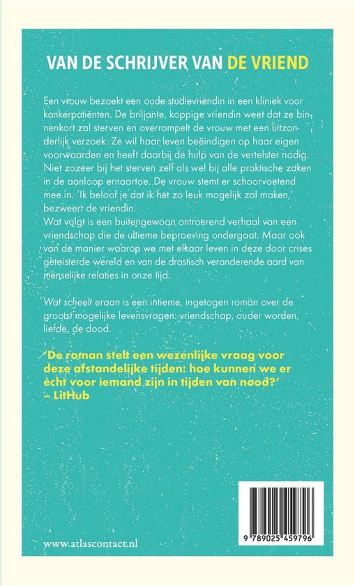 Achterkant boek 'Wat scheelt eraan' met tekst, auteur Sigrid Nunez en een prijs-barcode.