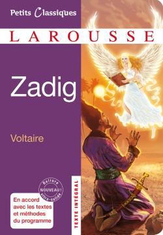 Livre 'Zadig' de Voltaire, Larousse Petits Classiques. Couverture violette avec un ange et un homme avec une épée.