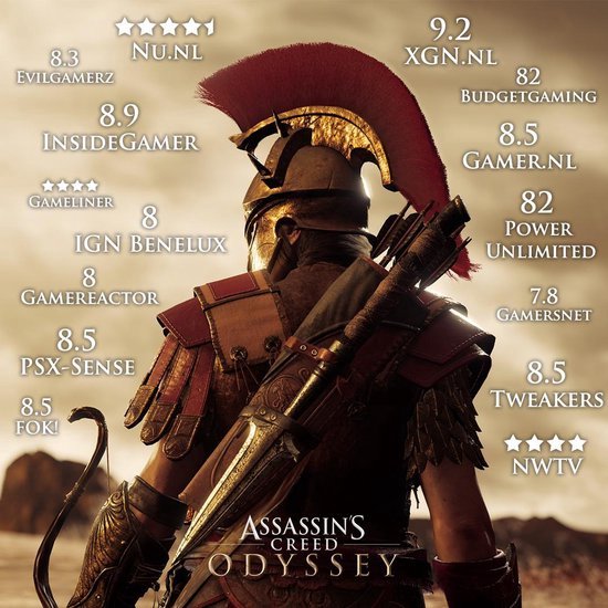 Een Griekse krijger met een opvallende helm met rode veren, met de titel Assassin's Creed Odyssey en game-recensies.
