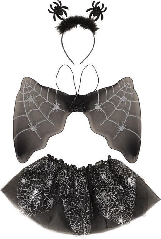 Halloween verkleedkostuum - set spin zwart tutu/vleugels/diadeem - one size