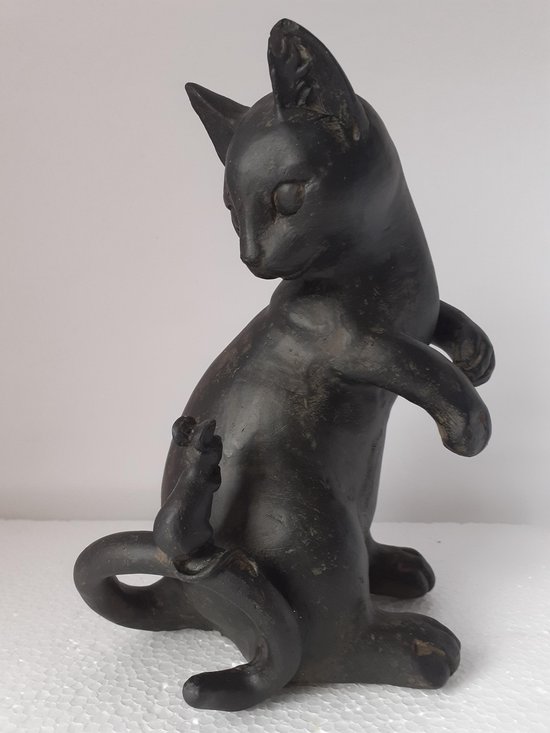 Statue de Chats / noir / chat avec une souris sur sa queue 21x16x13 cm | bol