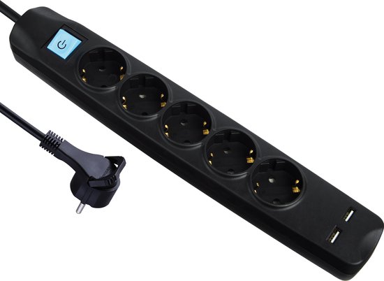 vergeten Viool Druppelen MaxTrack stekkerdoos met 5 contacten en 2x USB / zwart - 5 meter | bol.com
