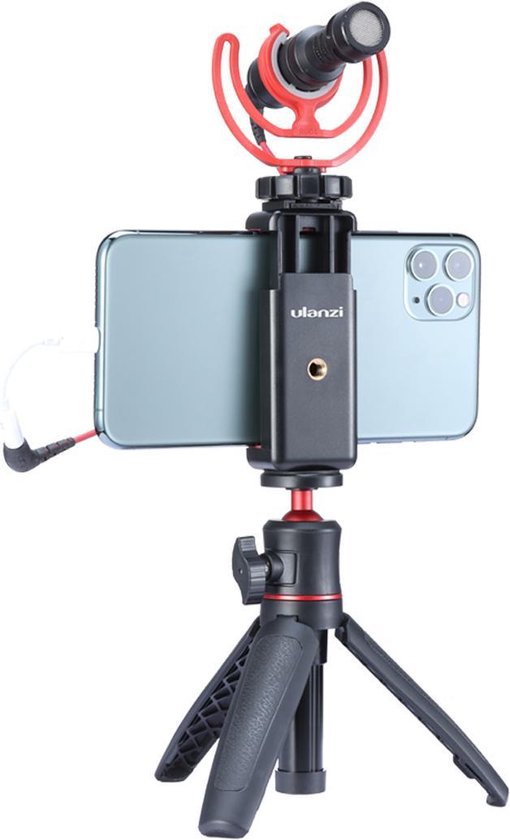 Smartphone met microfoon op een statief, met de telefoon verticaal geplaatst.