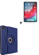 Ipad Pro 11 (2020) hoes Kunstleder Hoesje 360° Draaibare Book Case Bescherm Cover Hoes Blauw + Screenprotector Tempered Glass