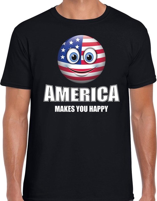 America makes you happy landen tshirt Amerika met emoticon zwart heren Amerika landen