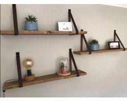 Wandplank Steigerhout met Cognac Leren Riemen
