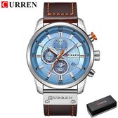 ➥ Curren-NL® - Polshorloge - Heren - Horloge - Ø 48 mm - Lederen Band - Gift Box - Vaderdag - Cadeau – Heren - Horloge - Zilver & Blauw