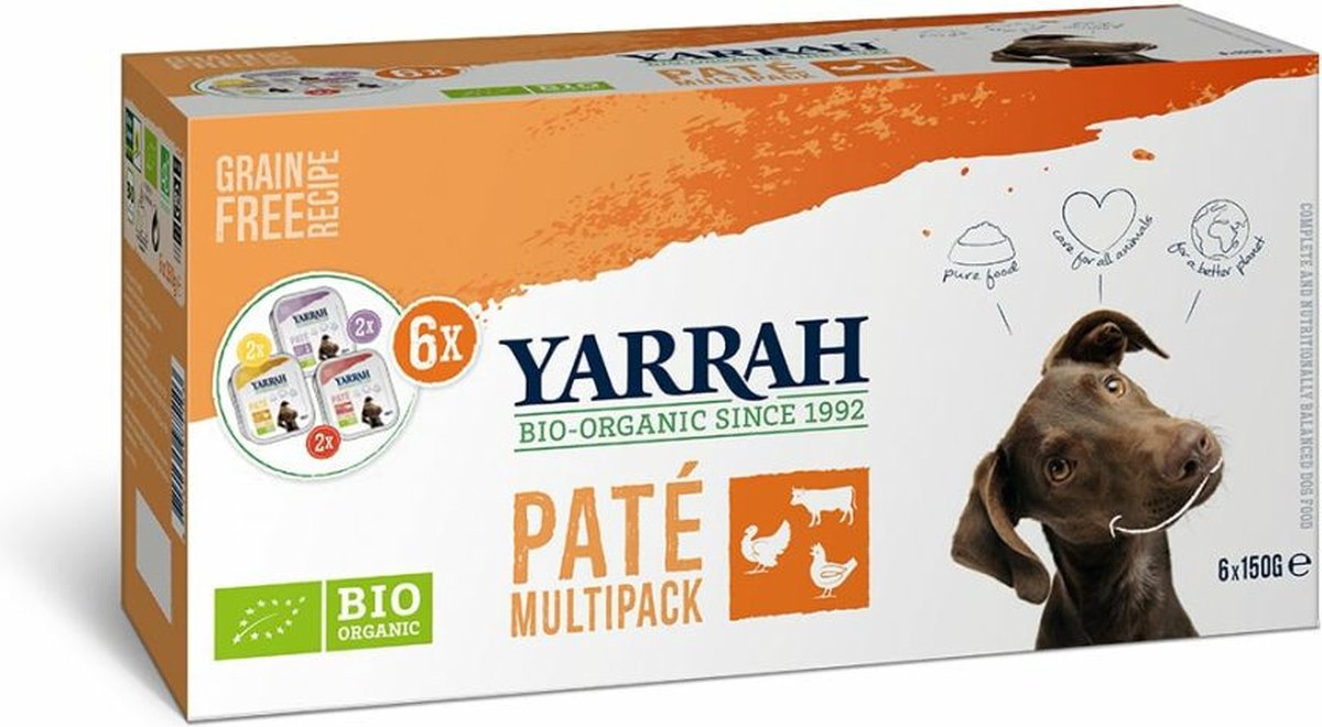 4x Yarrah Bio Hondenvoer Multipack Paté Graanvrij Kip&Kalkoen&Rund 6 x 150 gr