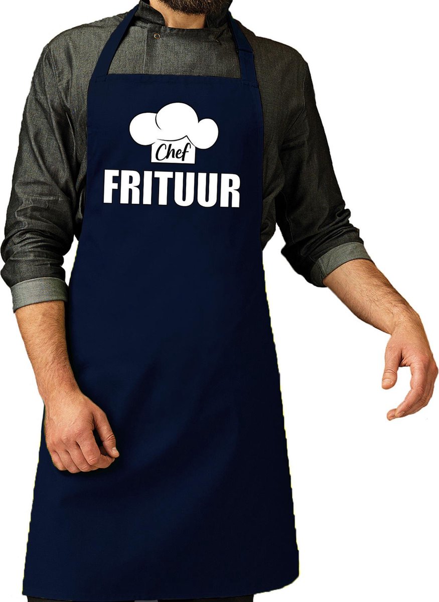 Chef frituur schort - keukenschort - navy blauw - heren - BBQ - Vaderdag - Cadeau