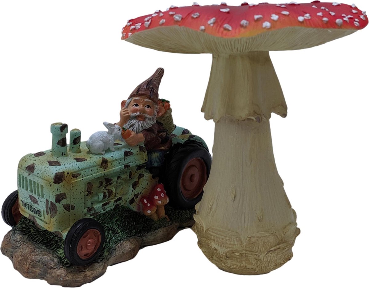 Kabouter op trekker en paddenstoel beelden set 22 cm - tuinkabouter ...