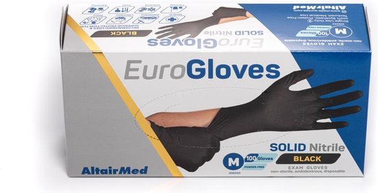 Eurogloves solid nitrile black maat L 100 st. Extra sterke zwarte nitril  handschoen -... | bol.com