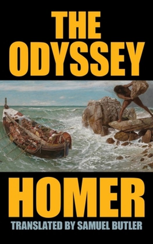 The Odyssey van Homerus, vertaald door Samuel Butler. De omslag toont een schilderij van een schip en een man op een rotsachtig strand.