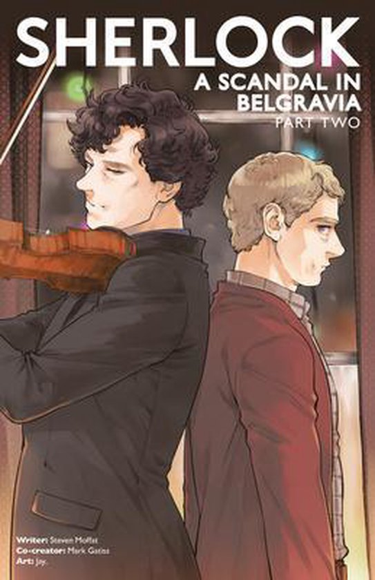 Illustratie van Sherlock Holmes die viool speelt, met Watson ernaast. Titel: "SHERLOCK A SCANDAL IN BELGRAVIA PART TWO".