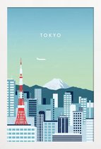 JUNIQE - Poster met houten lijst Retro Tokio -13x18 /Turkoois